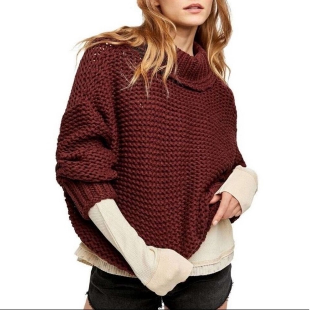 Free People Chunky Burgundy Knit Sweater